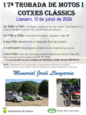 17a Trobada de motos i cotxes clàssics (amb esmorzar i dinar)